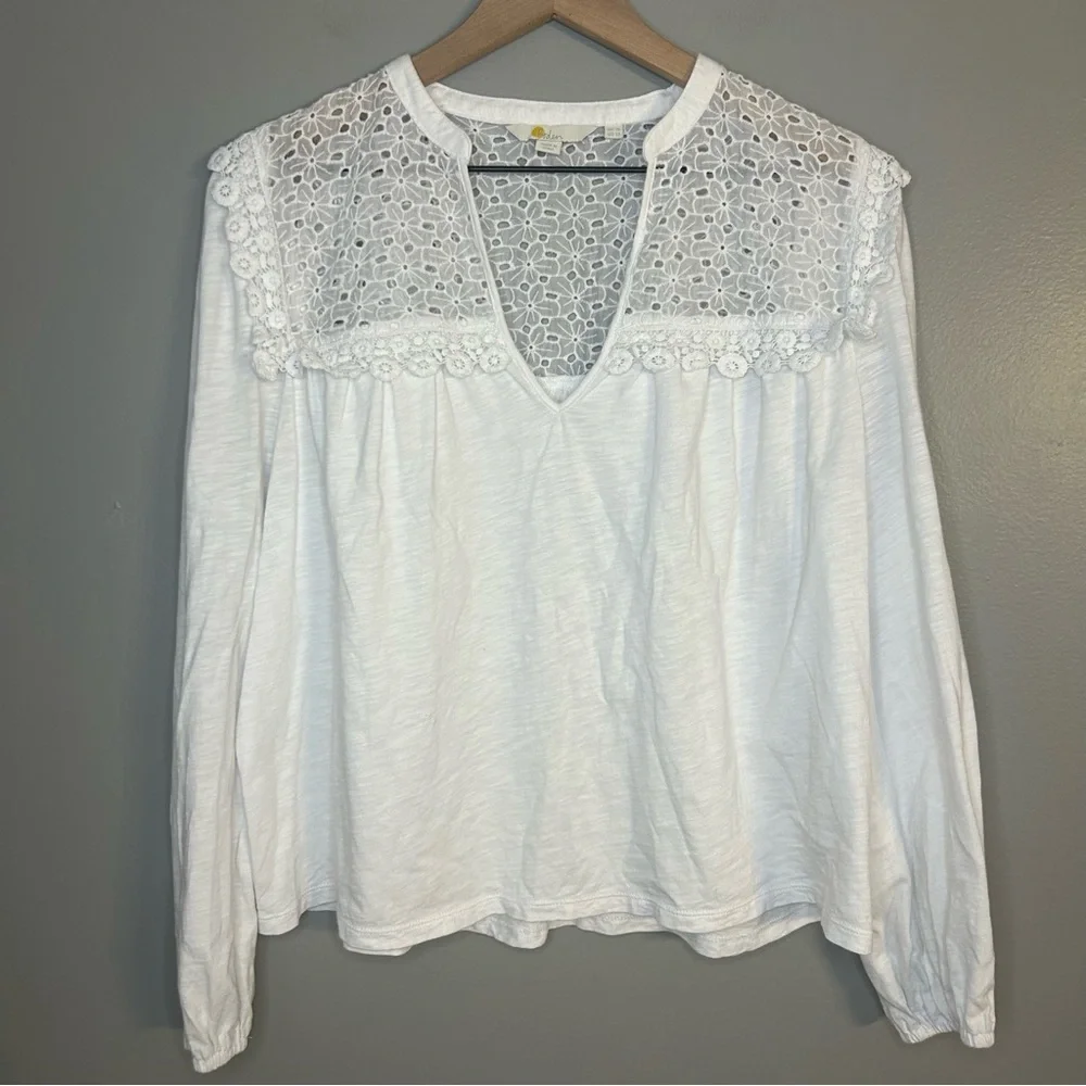 Boden White Eyelet Lace Notch Neck Crochet Trim Top, Size 12 - Picture 4 of 12